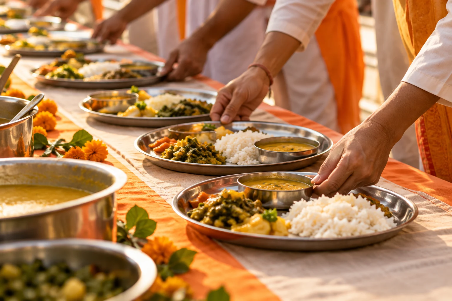 Illustrative scene of volunteer hands preparing vegetarian meals for community service